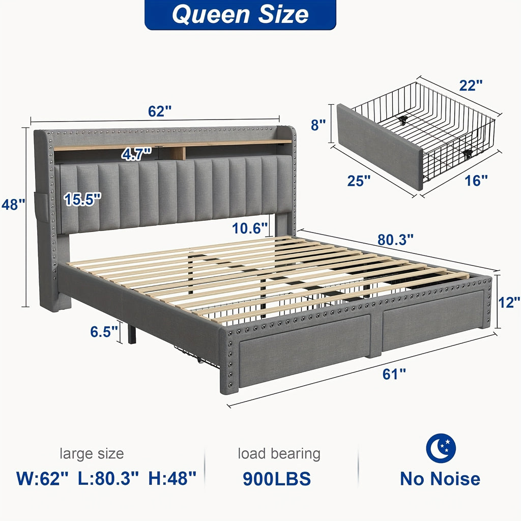 king size upholstered bed frame storage 2 tier headboard 2