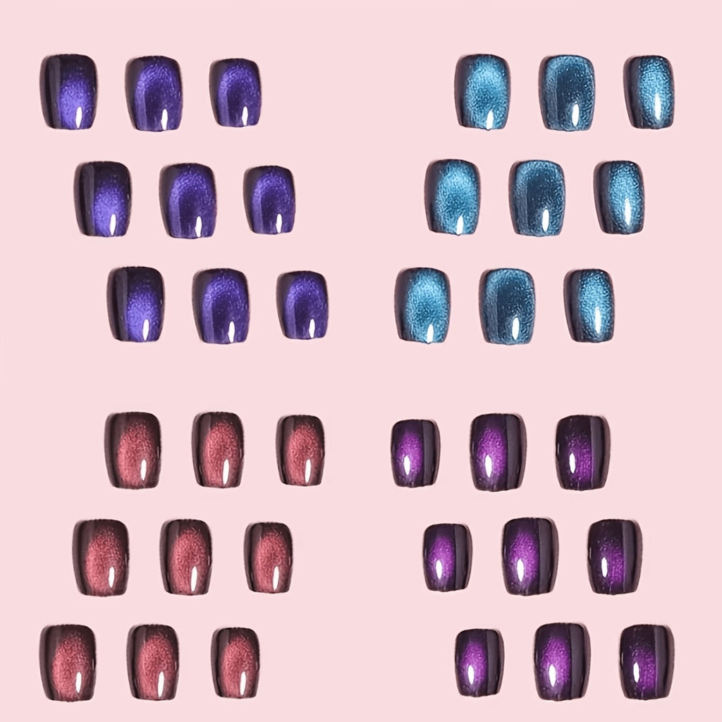 96pcs short square glossy cat eye press nails blue purple