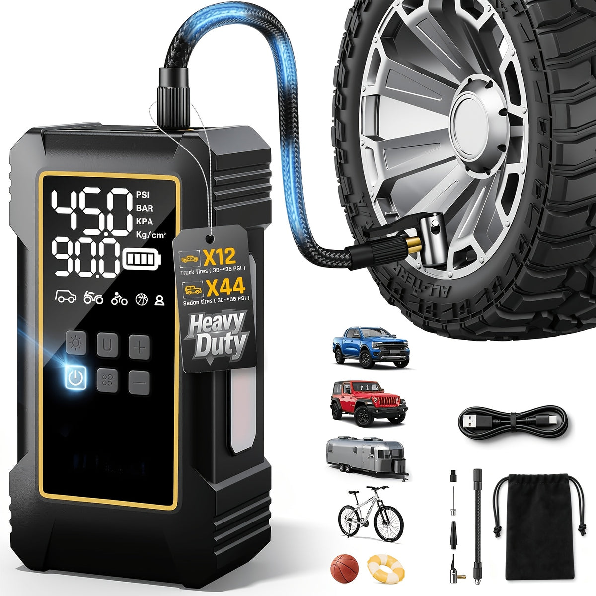 12000mah heavy duty tire inflator portable air compressor