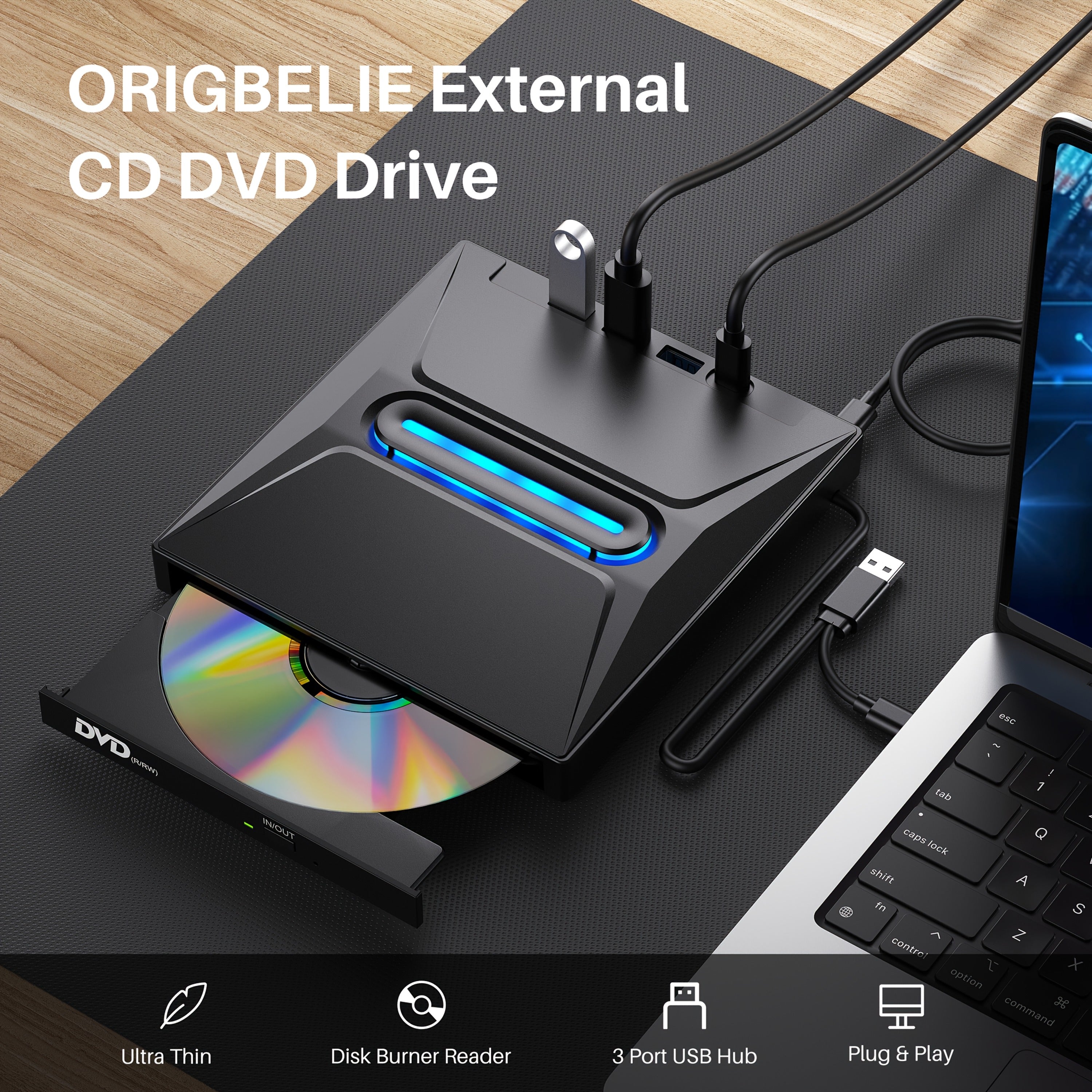 new 8 in 1 luminous external cd dvd drive usb 3 0 type c